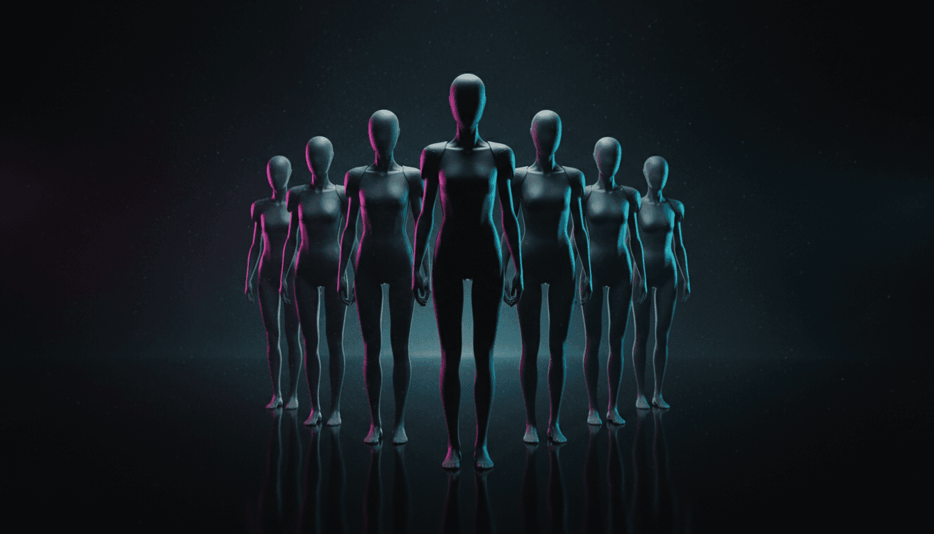 A lineup of sleek AI agent figures standing ready, lit in the Tracerlabs pink and blue