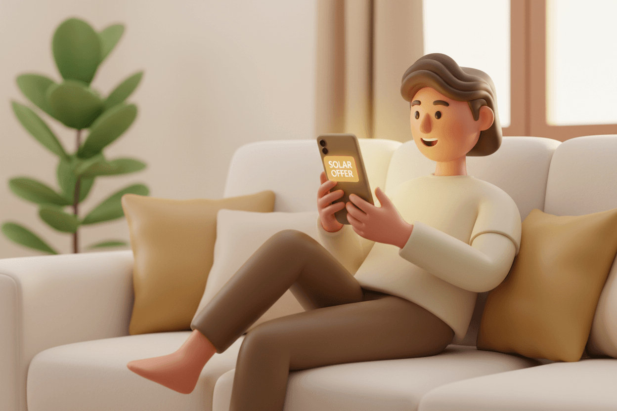 A homeowner relaxing on their couch, delighted by a solar offer glowing on their phone.