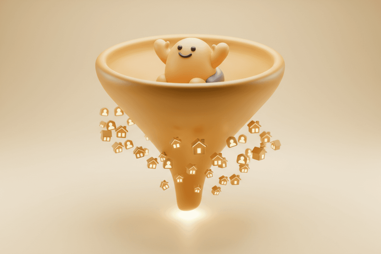 A friendly character sliding down a funnel as leads gather at the bottom.